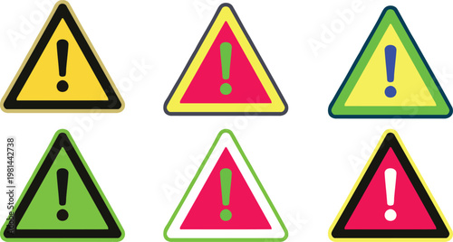 A collection of six triangular warning signs with exclamation points inside