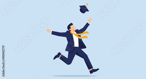 Excited graduate student throwing cap in air celebrating academic achievement.