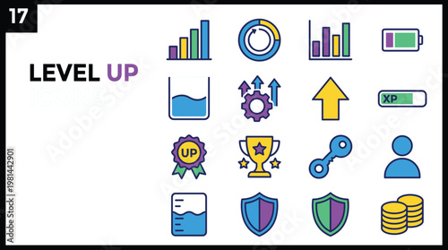 Level up icons set illustration with achievement symbols, progress growth indicators, gaming rewards and success elements collection minimal flat design