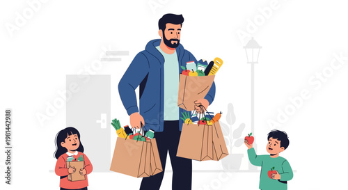 Father and children carrying groceries after a shopping trip.