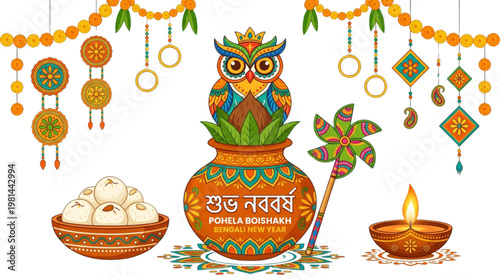 Bengali New Year Celebration Pohela Boishakh Festive Owl Pot Sweets Diya for Greeting Cards Marketing Design