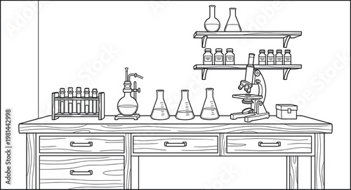 Laboratory workspace interior line art illustration with desk shelves glassware and microscope, scientific research environment and chemistry lab setup concept