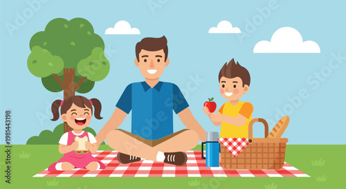 Father and children enjoying a delightful outdoor picnic together.