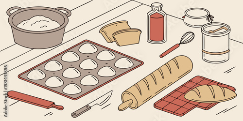 A flat lay illustration of baking ingredients and tools on a surface
