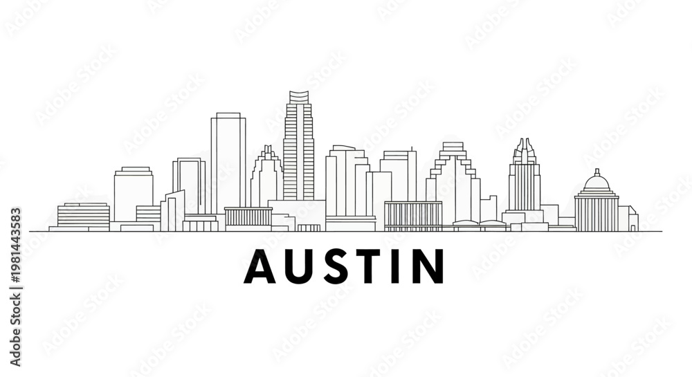 Obraz premium Black and white illustration of austin city skyline with modern buildings and texas state capitol building