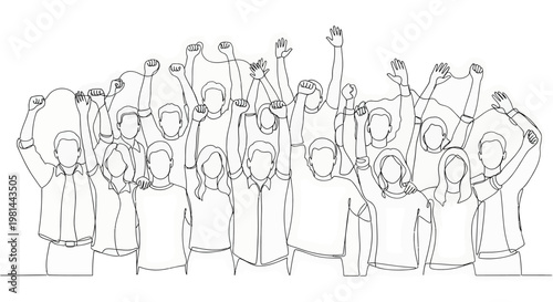 A group of people with their hands raised in the air in a celebratory gesture