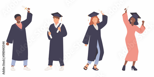 Four graduates celebrating their achievement with diplomas in the air