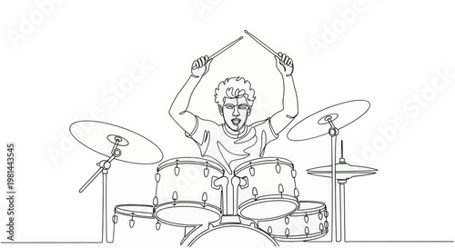 A line drawing of a man playing drums with drumsticks in the air on a with a look of excitement
