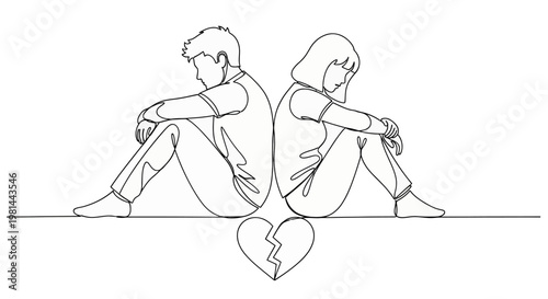 Continuous line drawing of a man and woman sitting back to back with a broken heart between them