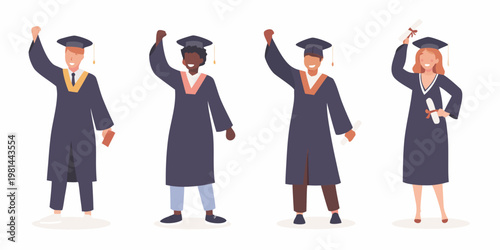 Four graduates celebrate their achievement with joy and diplomas