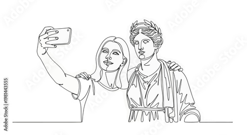 A line drawing of a young woman and a man in ancient attire taking a selfie together