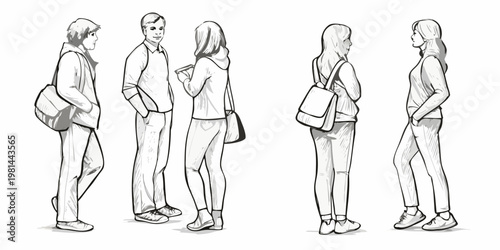 Sketch of six people standing and facing different directions