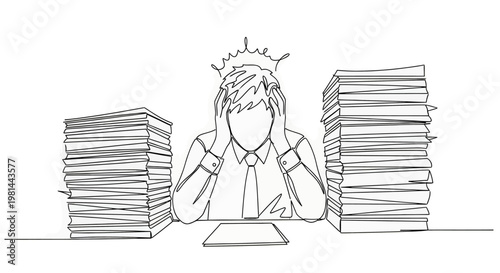 A stressed businessman sits between two large stacks of paperwork at his desk with his hands on his face and a frustrated expression on his face in a continuous line drawing style