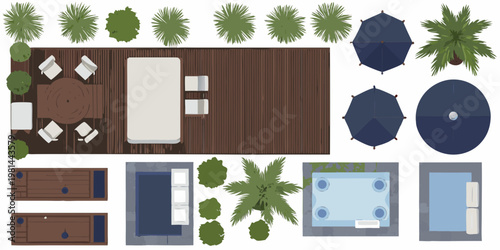 Overhead view of a patio pool furniture and landscaping elements