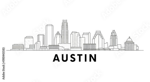 Black and white illustration of austin city skyline with modern buildings and texas state capitol building