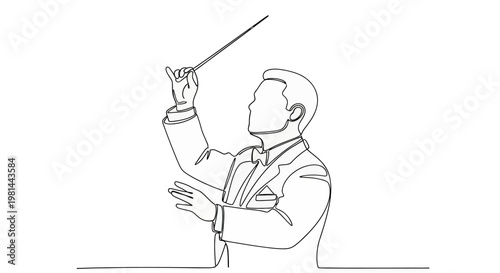 A line drawing of a man in a suit holding a baton and gesturing with his other hand
