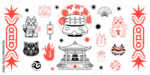 A collection of japanese themed flash tattoo designs in black and red