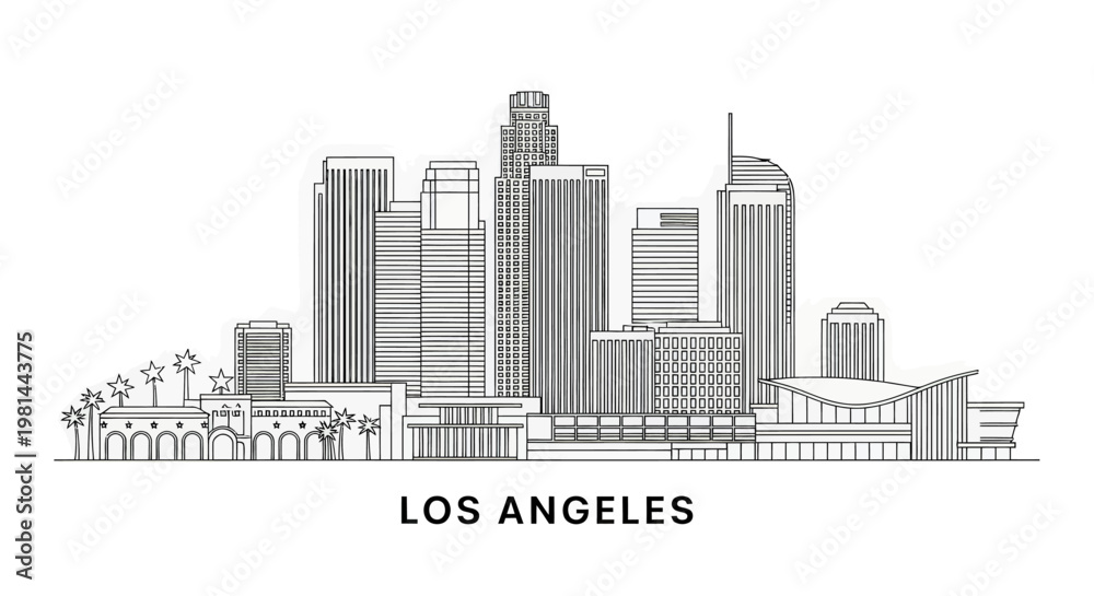 Naklejka premium Los angeles city skyline with skyscrapers and palm trees in a line drawing style