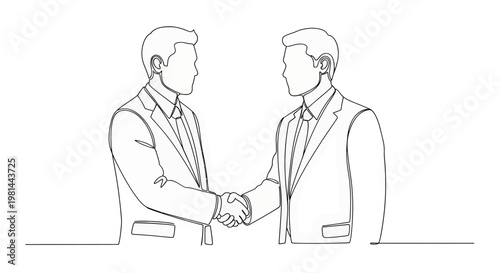 Two businessmen shaking hands in a professional agreement or partnership with a simple line art style