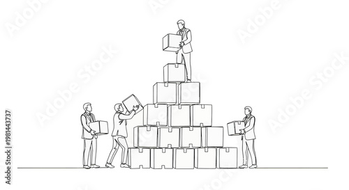 Business people stacking boxes in a tower on a in a line drawing style