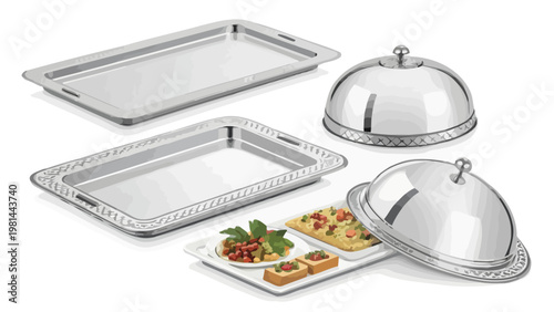 Modern serving platters and food warmers with assortment of appetizers on white background