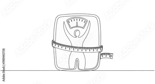 A line drawing of a person on a scale with a measuring tape around their waist