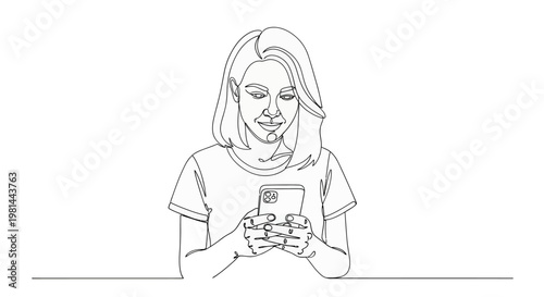 A line drawing of a woman smiling while looking at her smartphone with a simple and modern aesthetic