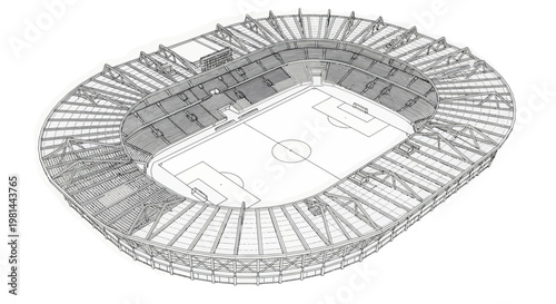 A detailed architectural drawing of a large soccer stadium with seating and a field