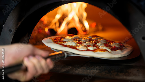First person perspective of baking an artisanal pizza in a high temperature professional pizza oven.