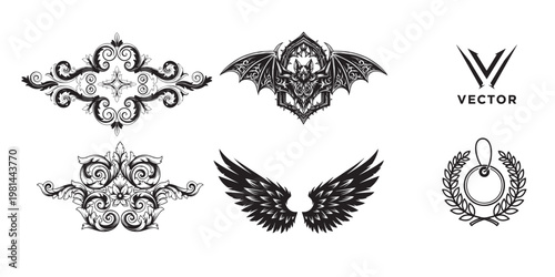 Vintage heraldic emblems and winged designs a collection of black and white vectors