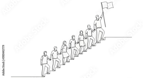 A line drawing of a group of people climbing up a staircase with one person holding a flag