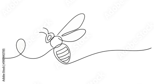A minimalist line drawing of a flying bee in a continuous line art style
