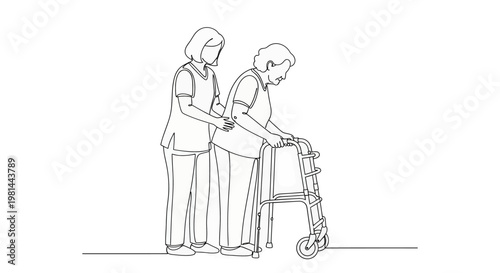 A caregiver assists an elderly person using a walker for support and balance in a simple line drawing