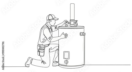 Plumber working on a water heater with tools, kneeling down to inspect or repair the plumbing equipment