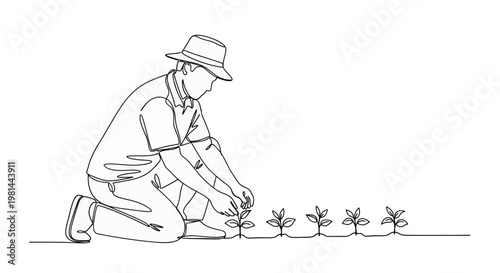 A man kneeling down to plant seedlings in the ground with a hat on his head in a simple line drawing style