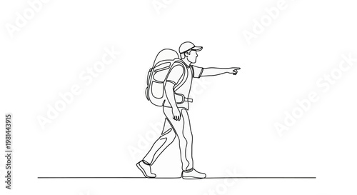 A line drawing of a man with a backpack pointing to the right