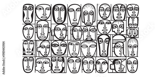 Grid of abstract faces a black and white artistic composition