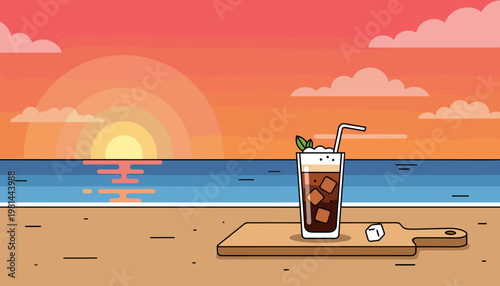 Refreshing iced drink on beach at sunset relaxing summer vacation seaside illustration