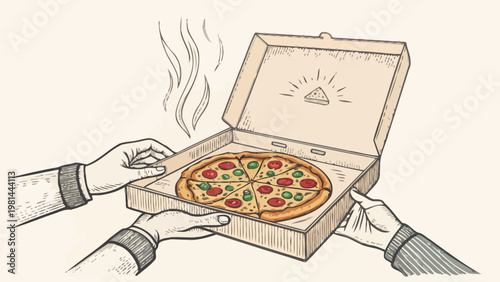 Hands holding a steaming hot pizza in a cardboard takeaway box ready to eat delicious food