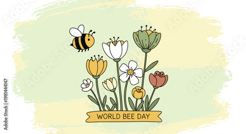 Cute bees flying over flowers World Bee Day illustration nature pollination concept design