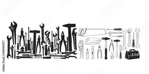 Collection of black and white hand tools wrenches screwdrivers and more