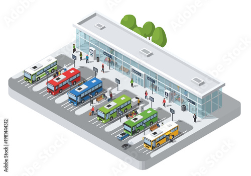 Isometric View of Bus Station with Vehicles.
