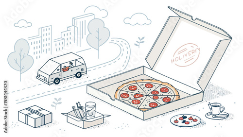 Delivered pizza meal package with box food and drink urban setting sketch vector illustration for advertising and marketing use