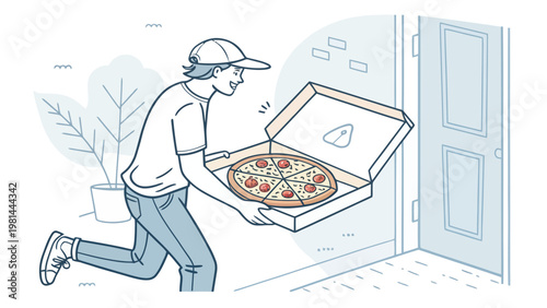 Food delivery man bringing pizza to customer doorstep with open box