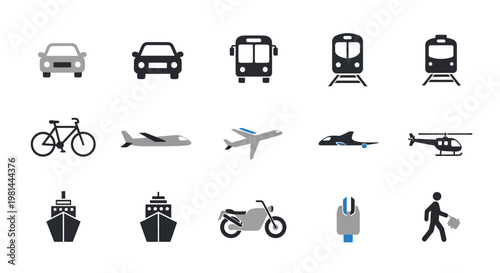 Various Transportation Modes Silhouette Icons Set.