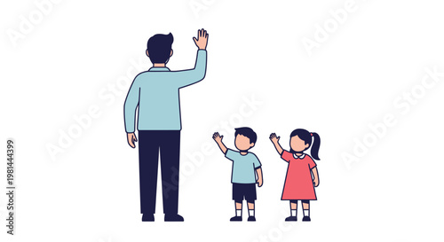 Father and children waving goodbye illustration.
