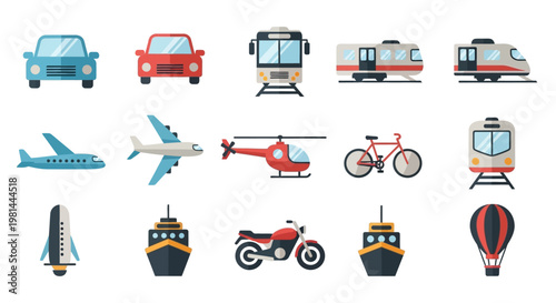Collection of Various Transportation Vehicles and Icons.