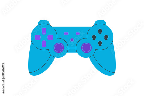 Flat retro gamepad sticker with blue buttons and console joystick. Vintage controller gadget for video game player, ideal as playful accessory or badge. Colorful videogame theme, modern digital pop
