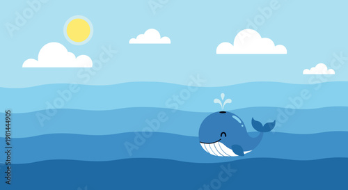 Cute whale swimming in ocean under sunny sky peaceful marine life illustration