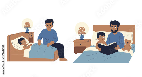 Father and son bedtime story reading bonding moment.